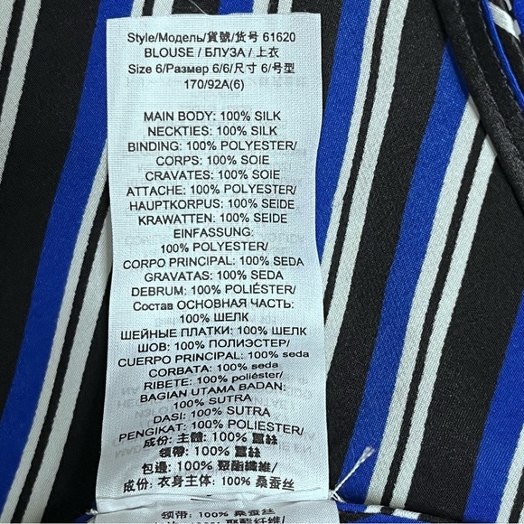 Tory Burch Silk Blue Striped Tie Neck long Sleeves Blouse Size 6 - Picture 14 of 16
